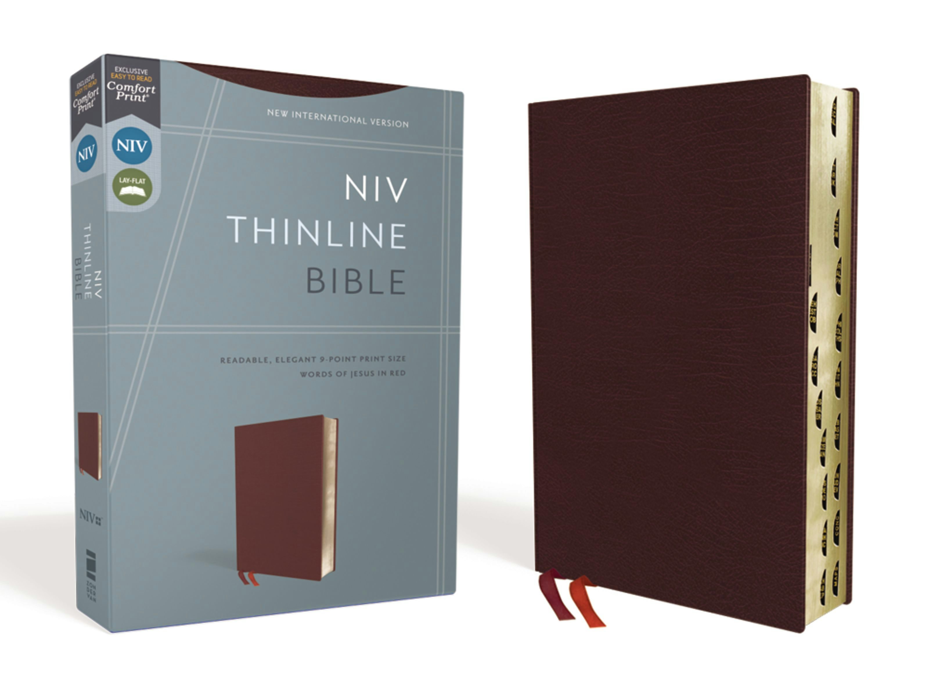 NIV, Thinline Bible, Bonded Leather, Burgundy, Red Letter, Thumb ...